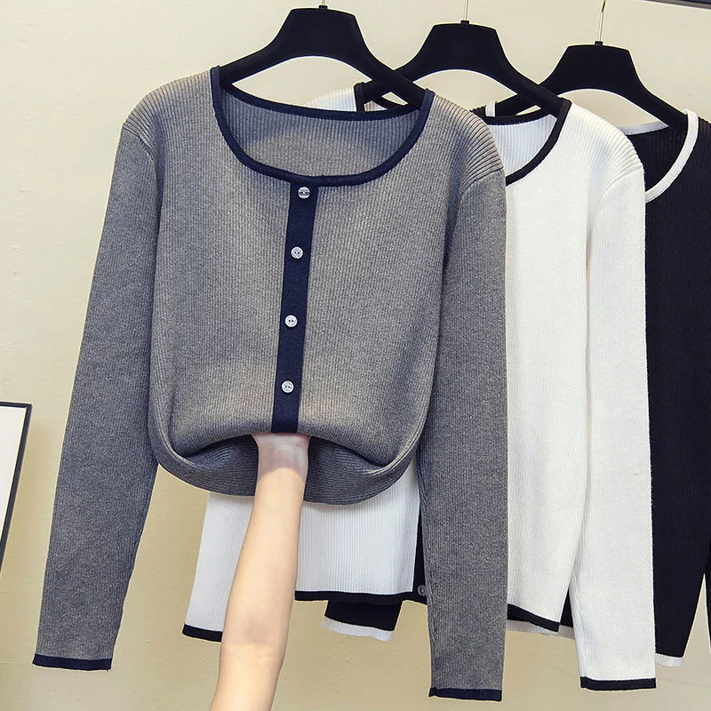 Large Women Clothes Autumn 4XL Pullover Sweaters Square Collar Oversize Knitted Top Spell Color Jumpers Knitwear Single Breasted