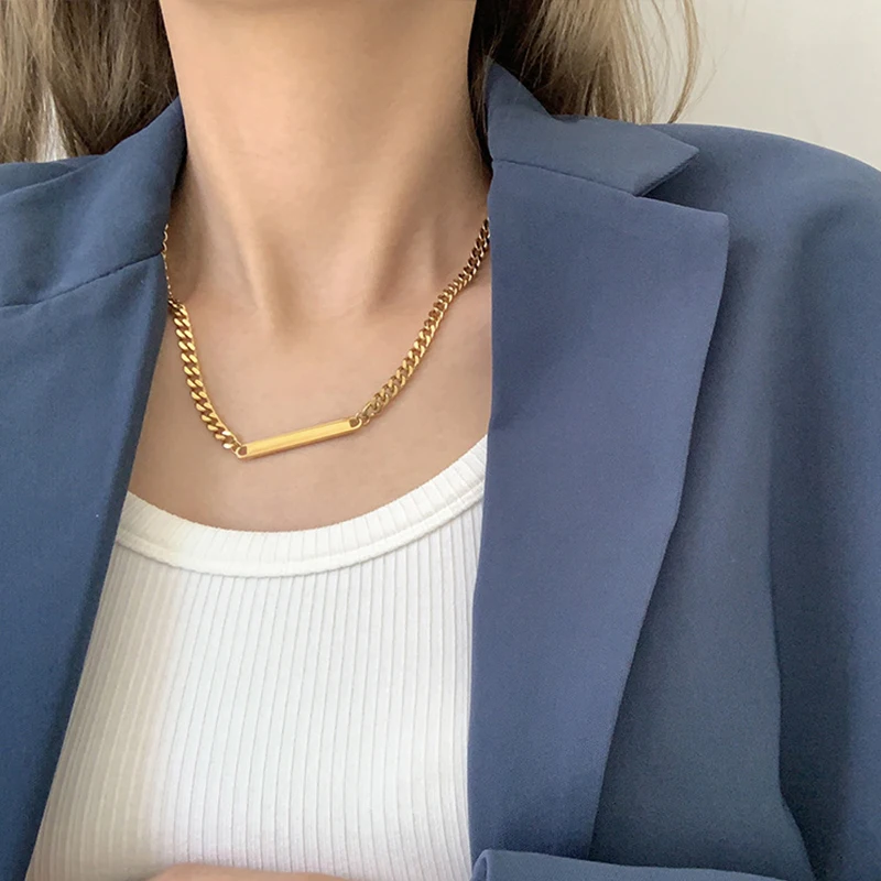 

Ins Stainless Steel Long Bar Tags Necklace 18K Gold Plated Cuban Link Chain Choker Necklace Minimalist Jeweley