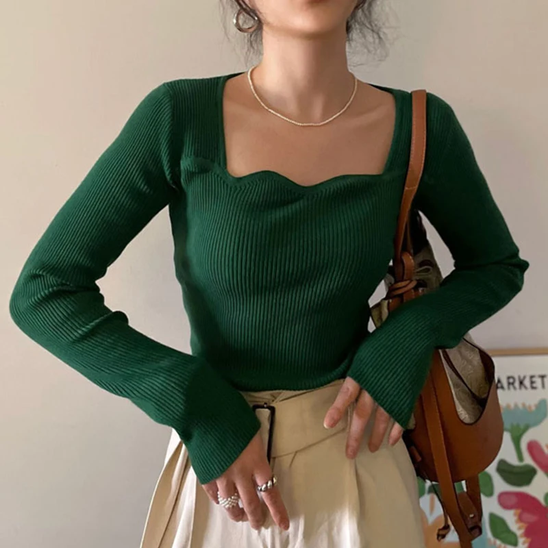 

Clothland Women Elegant Knitting Thin Sweater Square Collar Long Sleeve Shirt Stretchy Pullover Cute Tops Mujer HA433