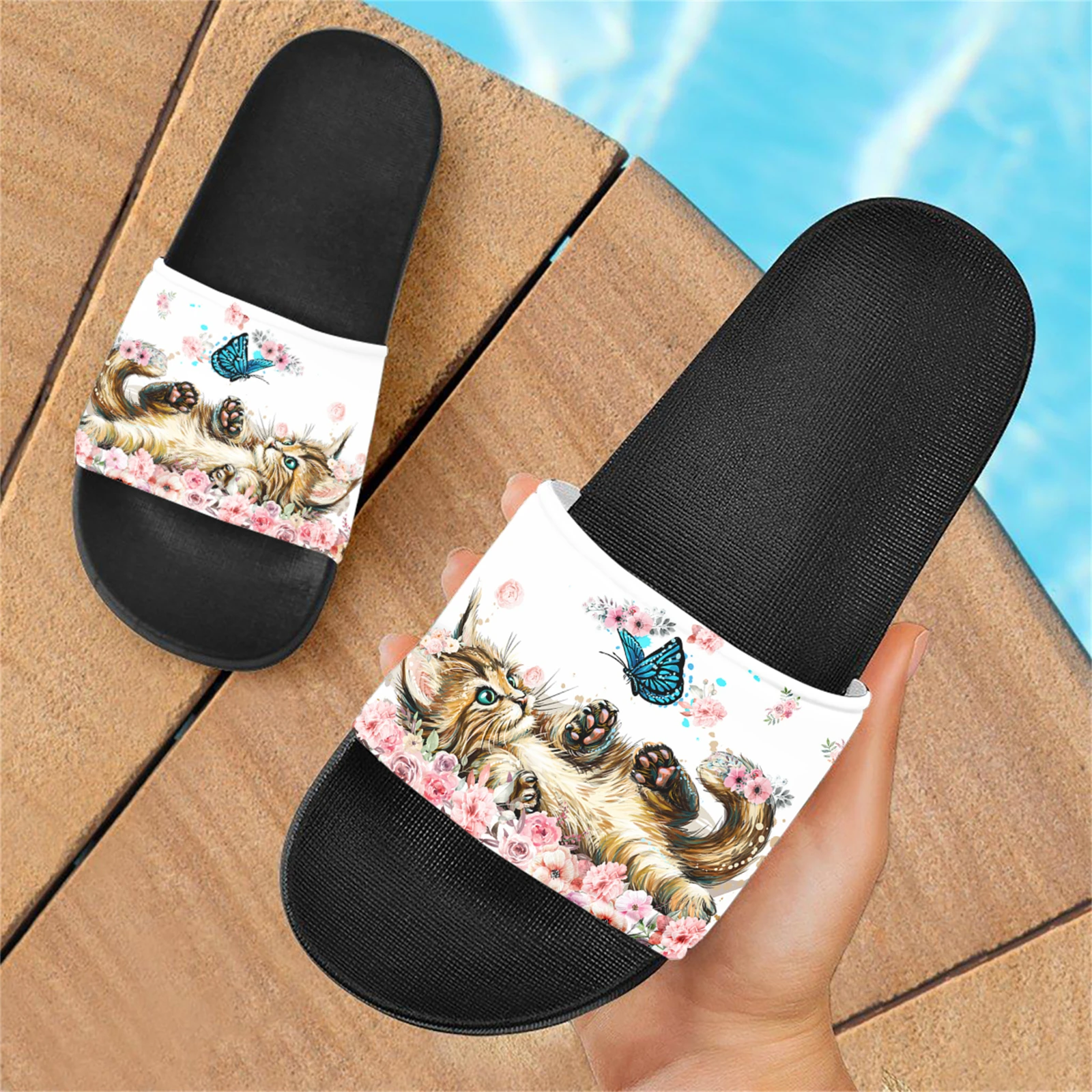Cute Cat Butterfly Print Flat Sandals Outdoor Indoor Popular Breathable Casual Slippers Soft Sole Breathable Non-slip Slides New