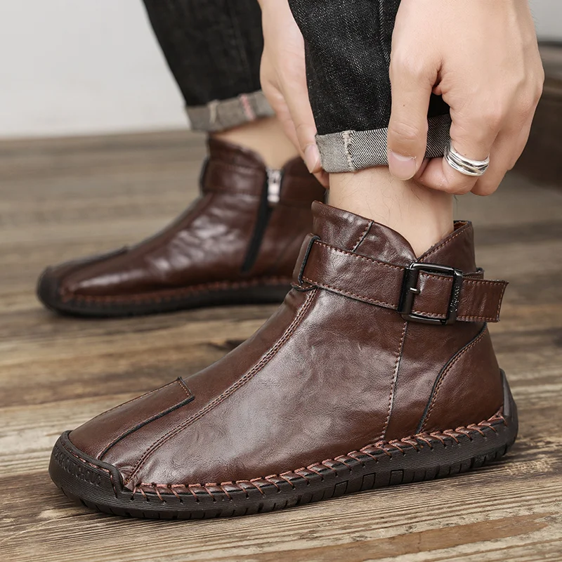 

2023 Autumn Winter New Men Boots Buckle Sewing Leather Winter Ankle Boots Flat with Comfortable Male Boots Plus Size 38-48