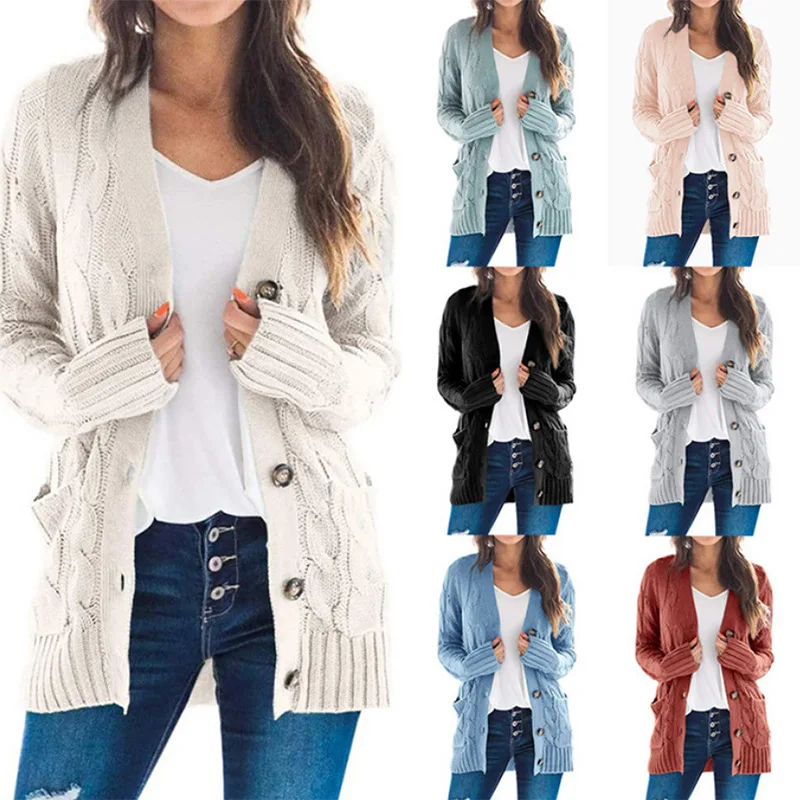 Autumn and winter new women casual cardigan coat solid color fried dough twist button cardigan sweater women clothes