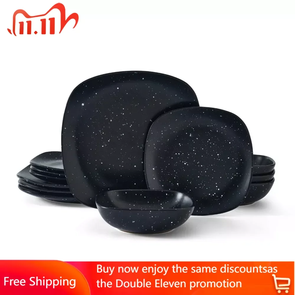 

12-piece Stoneware Square Dinnerware Set in Black Speckle Glaze Free Shipping Dish Ceramic Dishes to Eat Plates Dinner Sets Bar