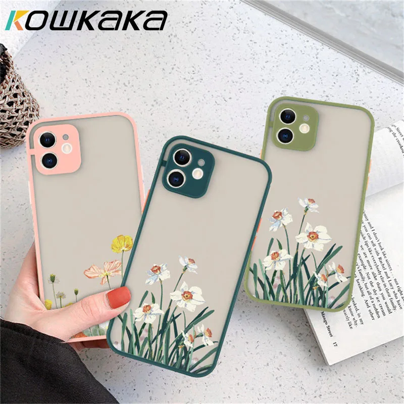 

kowkaka Case For iphone 13 Painted Flowers Plant For iphone 11 12 Pro Max X XS Max XR 7 8 Plus SE Camera Protection Back Cover