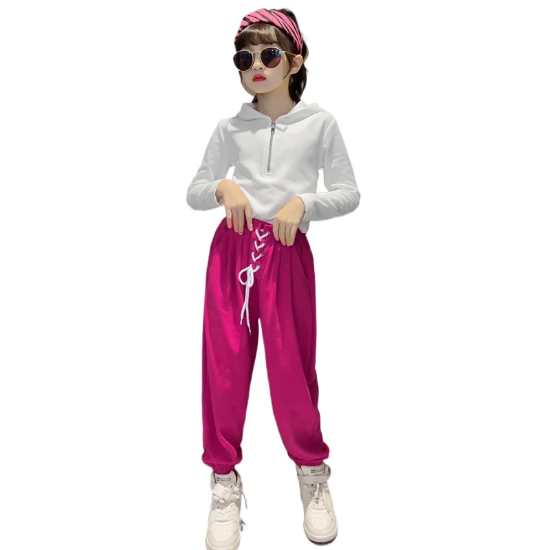 Summer Spring Girls Plain Half Zip Sweatshirt+Drawstring Sweatpant Sets School Kids Tracksuit Child Outfit Jogger Suit 3-16Years images - 6