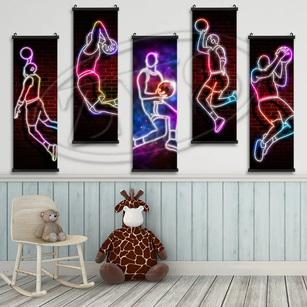 

Настенное изображение, неоновые картины на холсте, баскетбольные игроки, модульные картины, плакат, Висячие свитки, домашний декор для гост...