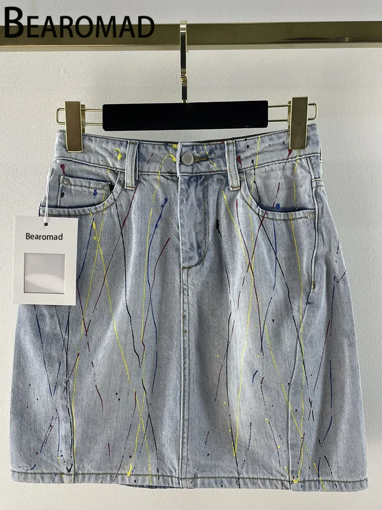 

Bearomad New Designer Runway Summer Vintage Denim Half Skirt Women's Pockets Button Tie Dye Print High Waist Slim Half Skirt