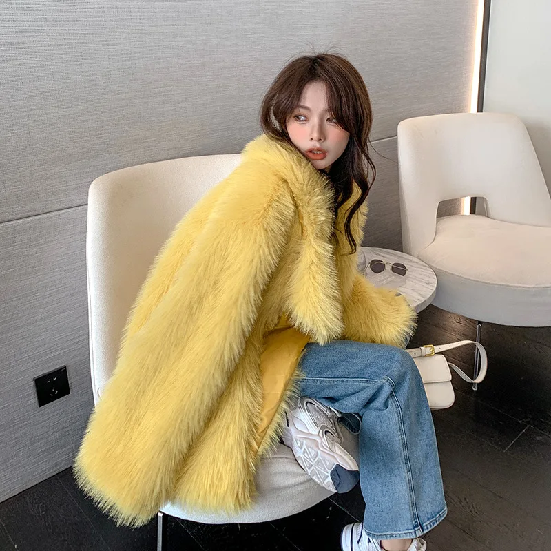 Gentle Luxury Fur Coat For Women Fluffy Furry Faux Fur Jackets Girl Turn-Down Collar Street Outerwear Lady Fashion Warm Overcoat