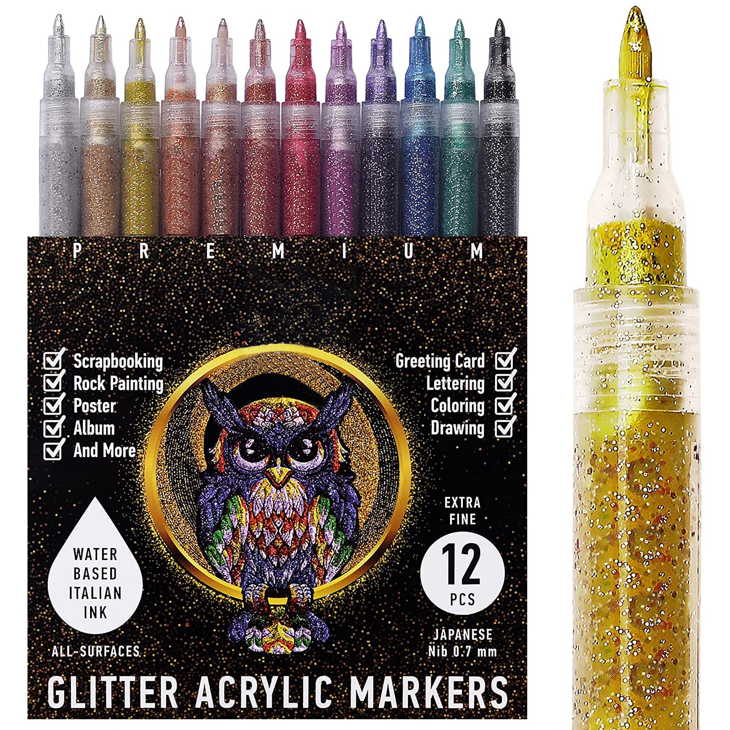 

12 ярких цветных фломастеров для рисования, Акриловые Блестящие маркеры для рисования, ультратонкие точечные ручки 0,7 мм для рисования камня...
