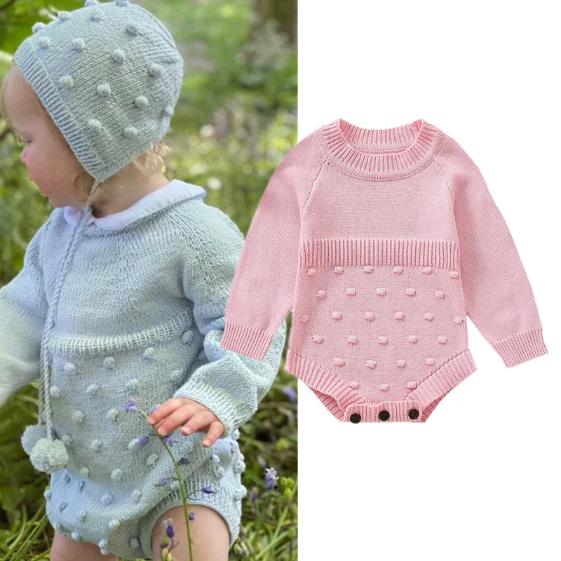 

Newborn Baby Girl Knitted Bodysuit Autumn Winter Clothes Solid Color Dot Pattern Round Neck Long Sleeve Casual Simple Jumpsuit