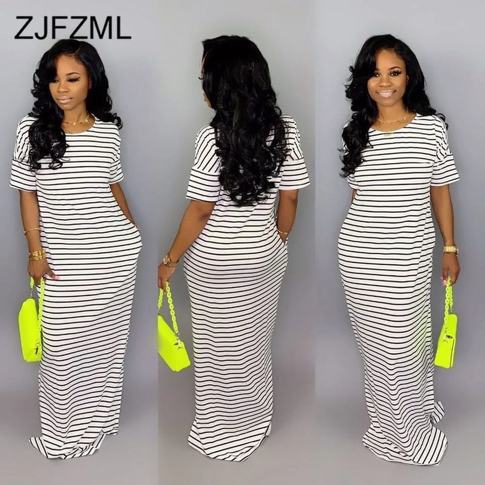 

Black White Stripe Sexy Floor Length Dress Women Scoop Neck Short Sleeve Loose Beach Dress Summer Loose Maxi Club Party Dress