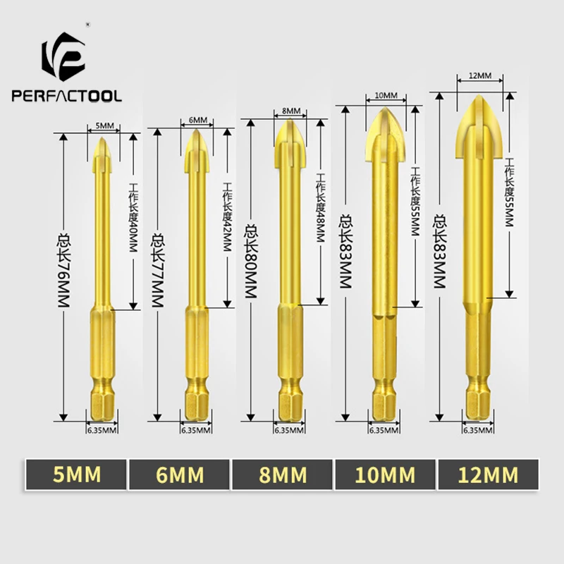 

PERFACTOOL 5pcs Cross triangle drill bit electric drill punch tile drill glass drill hexagonal shank concrete drill bit set