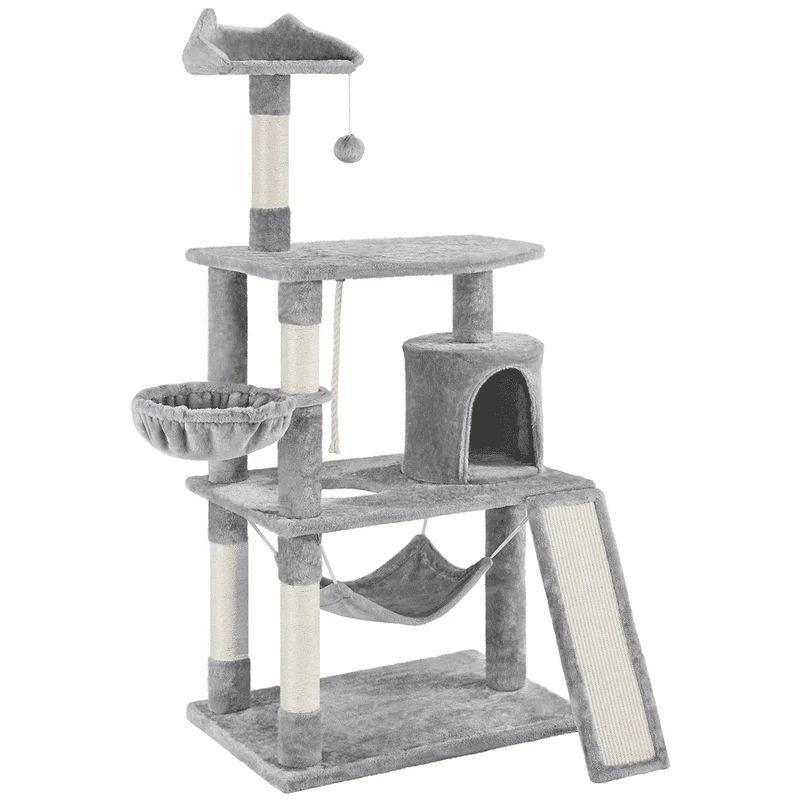 

Charming Light Gray Multi Level Cat Tree Condo with Durable Scratching Post for Playing and Lounging.