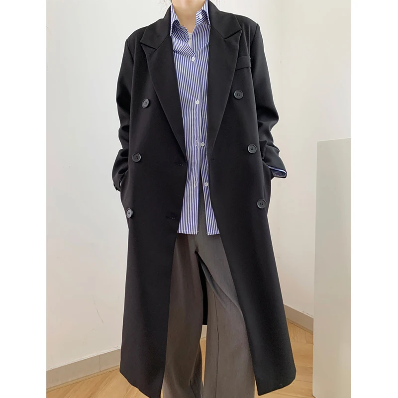 

Double-Breasted Mid-Length British Overcoat Ladies Solid Suit Collar Long Sleeve Women's Blazers Fashion Loose Casual Coat Woman