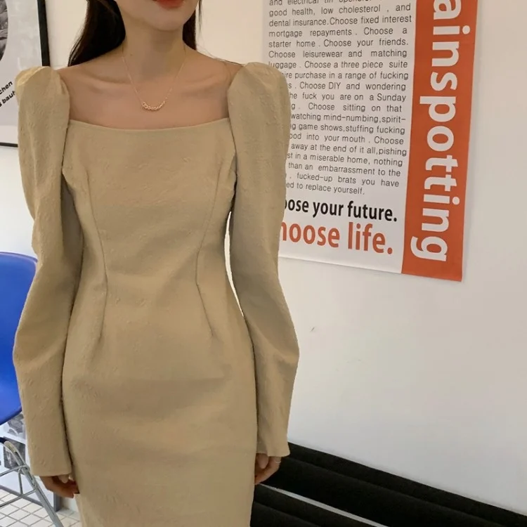 

2022 Early Spring Aura Up Exquisite Jacquard Square Neck Long Sleeve Waist Closing Thin Dress