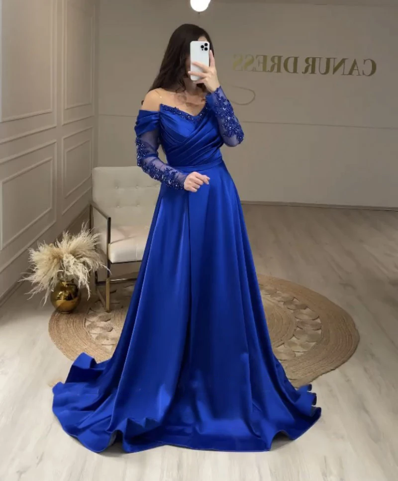

A-Line V-Neck HF152 Evening Party Dresses For Women Floor Length Long Sleevs Elegant Gowns Vestidos De Noche Robes Soirée