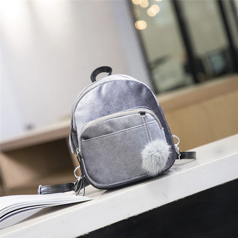 

Trend Gold Velvet Women Mini Backpack Girl Simple Solid Color zipper With Pompom Backpack Female 5 Colors