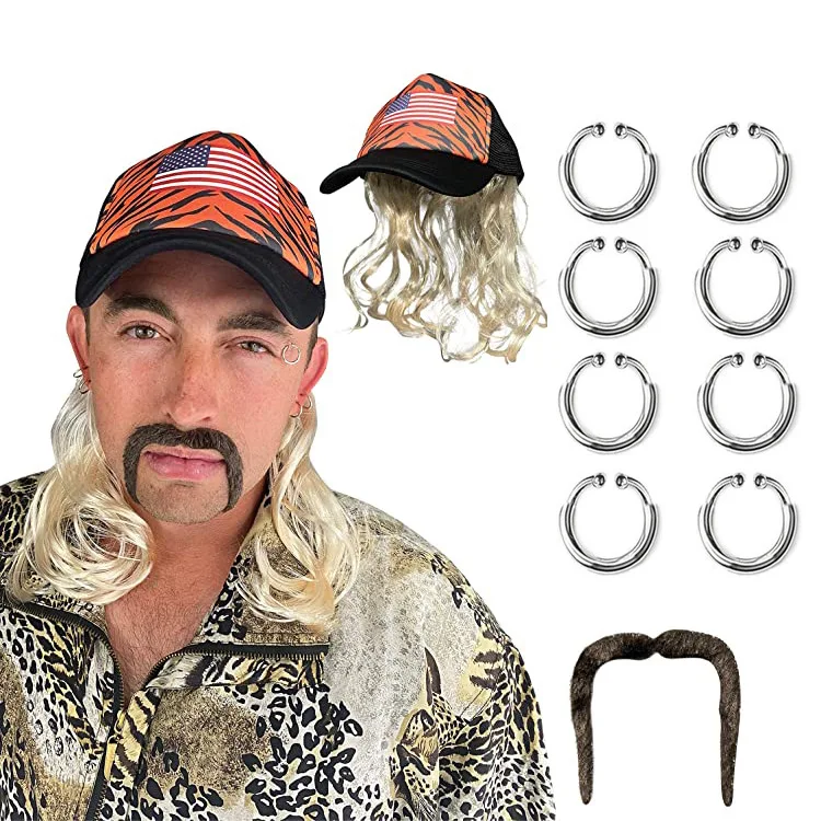 

Tiger King Wig Baseball Cap Joe Exotic Cosplay Hat Tiger King Clip Earrings Beard Set Fashion Stage Performance Costumes
