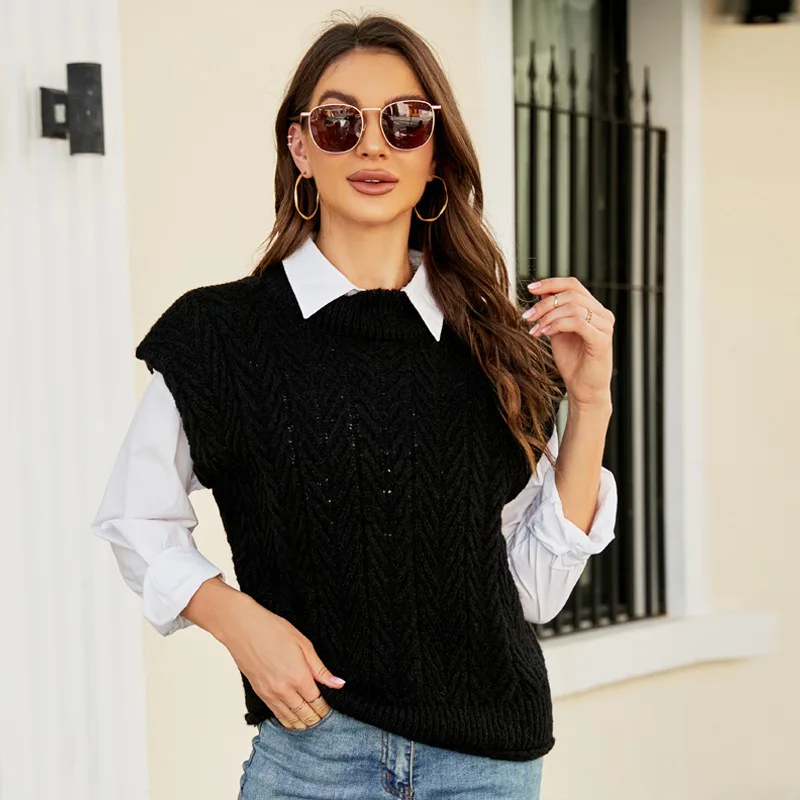 

New knitted top, autumn and winter, all-around knitted wool vest, folded round neck sleeveless sweater