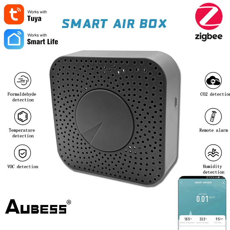 

Умный датчик воздуха Tuya Zigbee PM2.5, формальдегид, VOC,CO2, температура, влажность 5 в 1, умный датчик пневматического ящика, детектор сигнализации