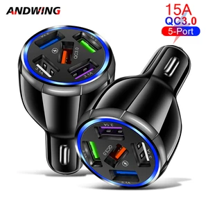 ANDWING 5 Ports USB Car Charger 15A Fast Charging For iPhone 13 Samsung Xiaomi Redmi Huawei Phone Us