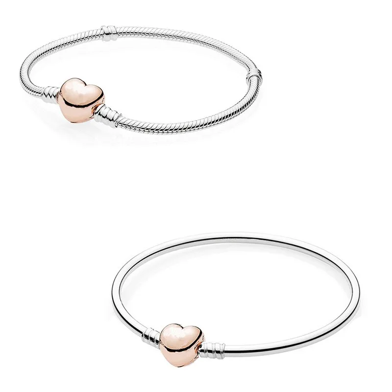 

Authentic 925 Sterling Silver Moments Rose Gold Love Heart Clasp Snake Chain Bracelet Bangle Fit Bead Charm Diy Fashion Jewelry