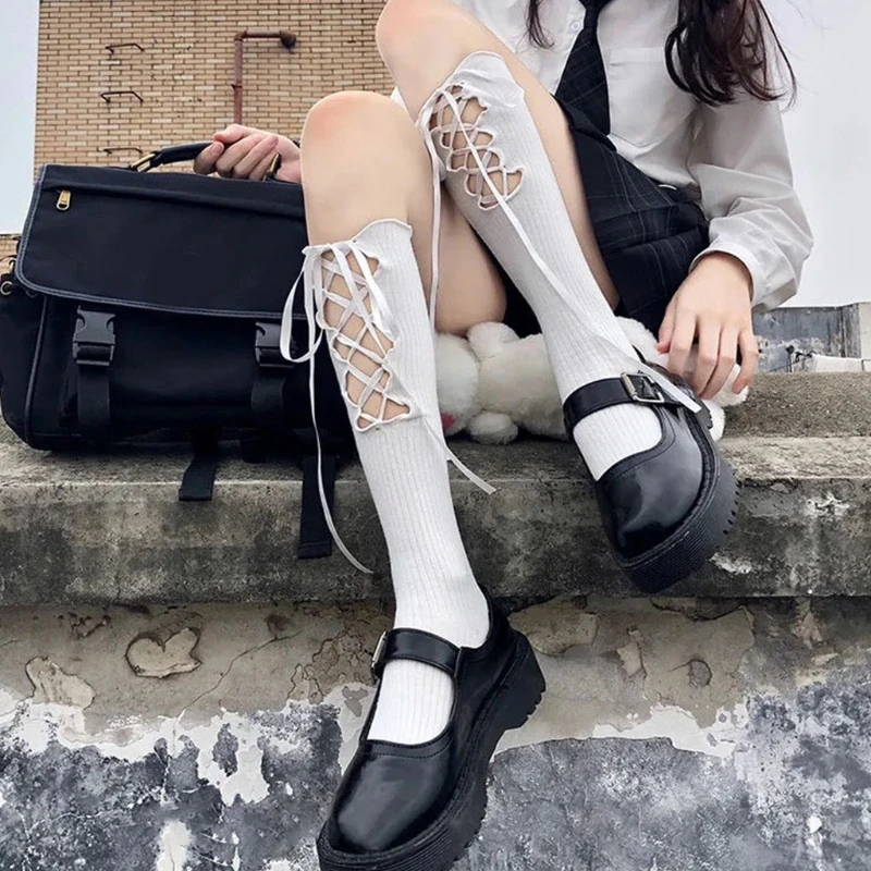 

Japanese Women Lolita Ribbed Knee High Socks Preppy Style Kawaii Cutout Criss-Cross Bandage Bowknot Solid Color Student Calf