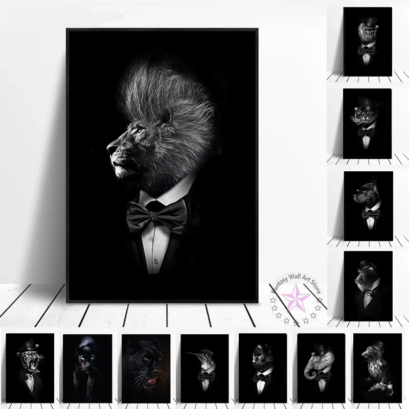 

Lion Dog Cat Leopard In Suit Poster Nordic Animal Gentleman Canvas Painting Wall Art Print Black White Picture Room Home Decor