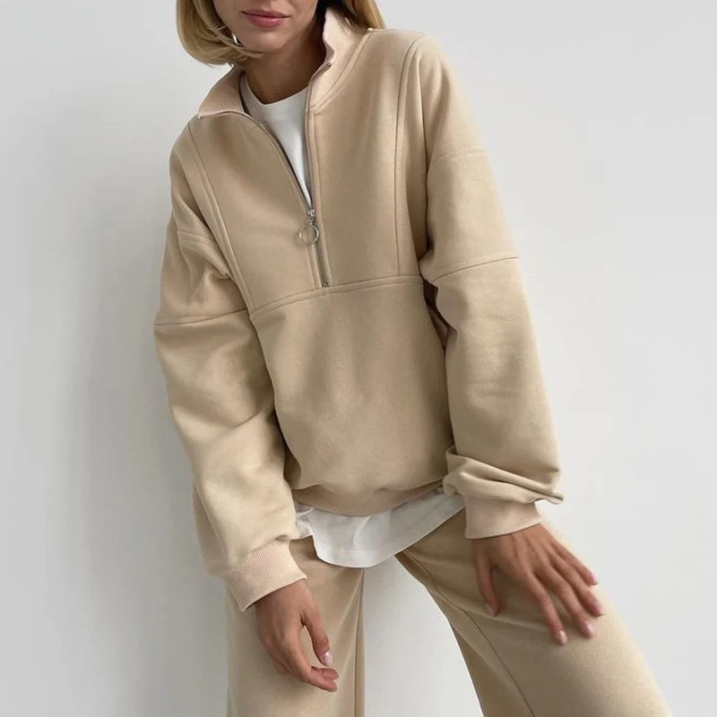 

Lady Casual Zipper Sweatshirt + Long Pants Solid 2 Piece Set Fashion Outfit 2022 Autumn Winter Comfortable Loose Sportswear Suit