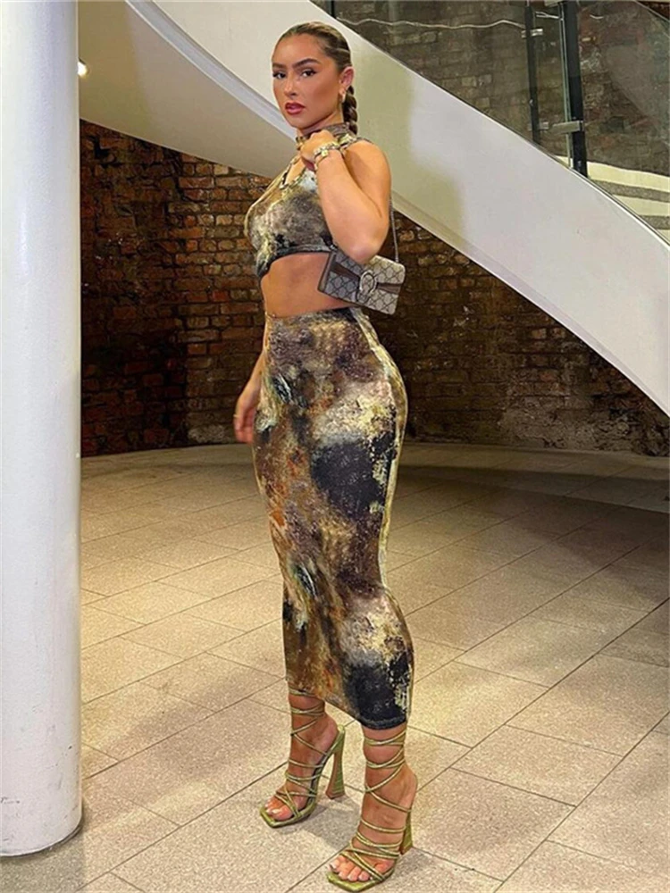 

Habbris Spring Sexy Print Crop Top And Skirt Sets Club Outfit Women 2023 Sleeveless O Neck 2 Two Piece Sets Female Matching Sets