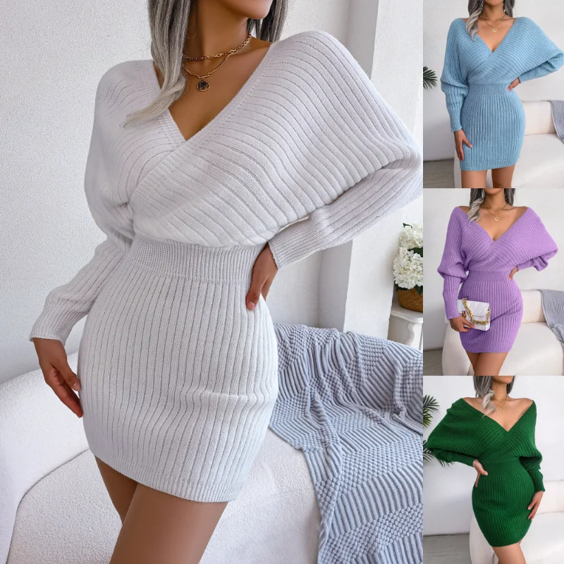 

Dresses Autumn Winter Solid Color Sexy Cross V Neck Batwing Dress Pencil Skirt Wrap Dress Sweater Dresses