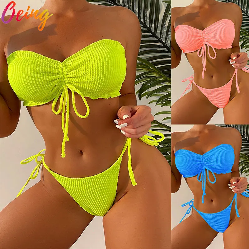 

OEING Ribbed Strapless Bikini Set Lace Up Bandeau with Padded Micro Thong Swimming Beachwear Bathing Suit Push Up Women Swimsuit