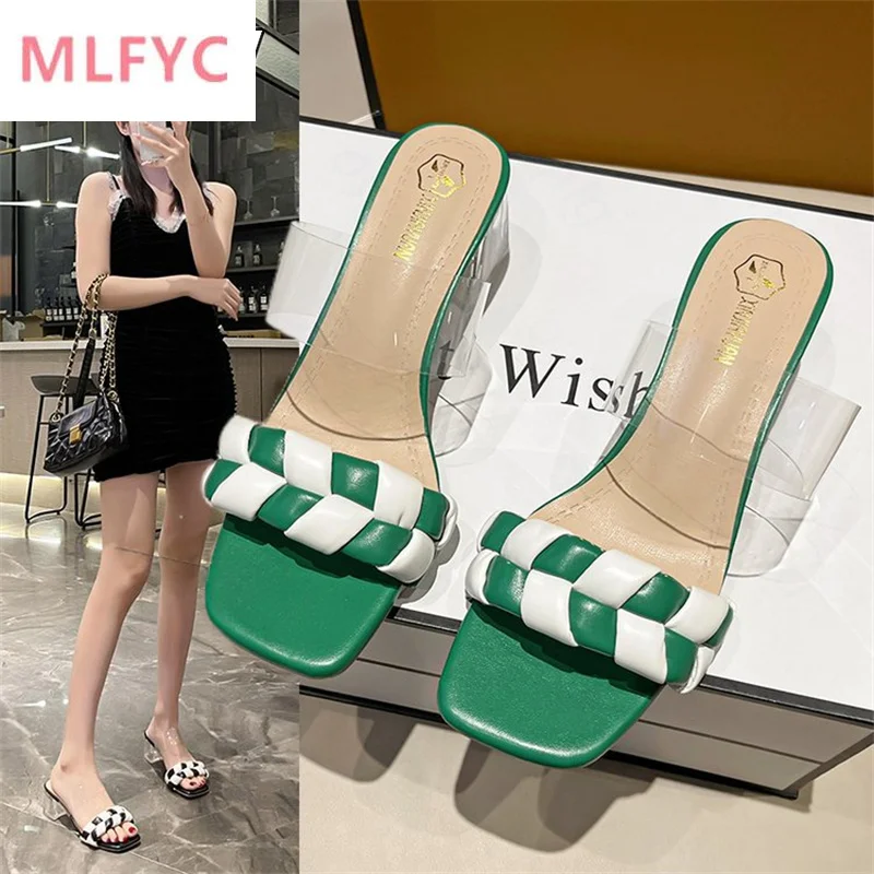 

Сандалии женские на высоком каблуке, повседневные Модные прозрачные босоножки с квадратным носком, однослойные, на толстом каблуке, сетчат...