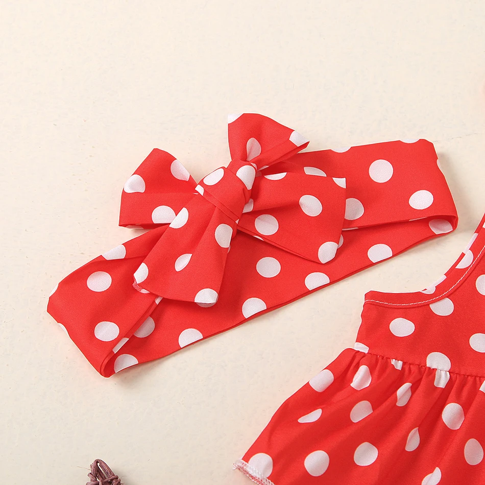 Summer Baby Girl Casual Clothes Toddler Polka Dot Cake Sling Top Denim Shorts Bow Headwear Kids Sleeveless Cosumes Sets 0-24m