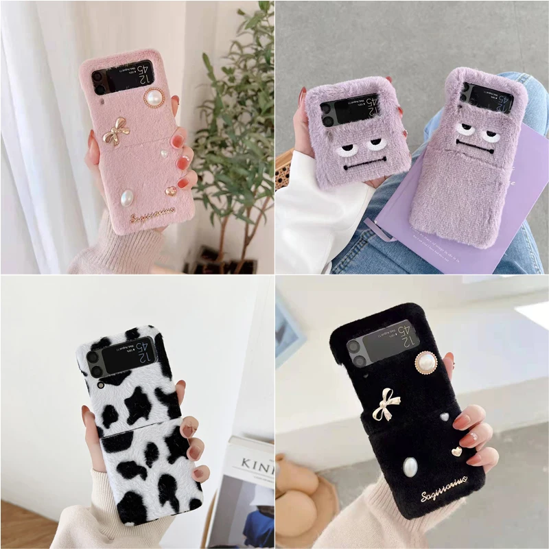 

Milk Cow Cartoon Monster Plush Phone Case for Samsung Galaxy Z Flip 1 2 3 4 5G Hard PC Back Cover for ZFlip3 ZFlip4 Case Shell