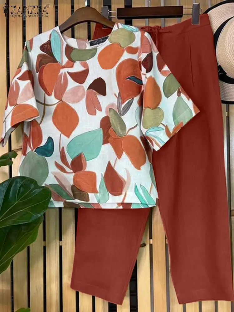 Комплект ZANZEA из 2 предметов с принтом летняя блузка коротким рукавом и цветочные