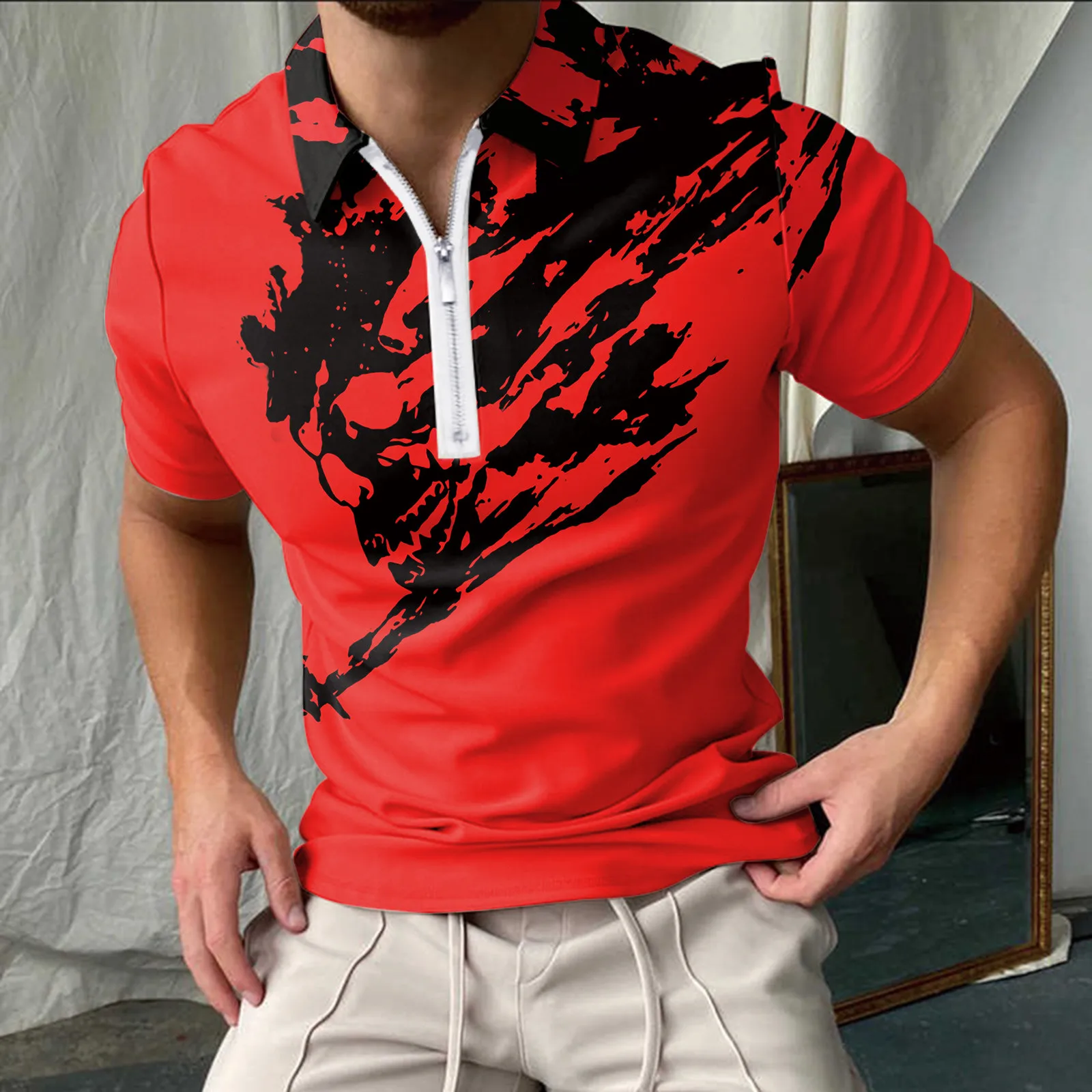 

Men Summer Fashion Casual Printed Zipper Turndown Collar Short Mens Long Sleeve T Shirts with Pocket Men T Shirts Pack of 6