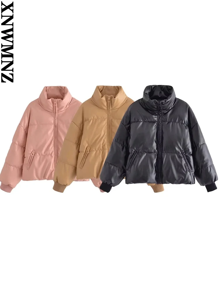 

XNWMNZ 2022 Women Fashion Faux Leather PU Cotton Jacket Woman Winter Coat Parka Thickened Warm Coat Female Chic Coat