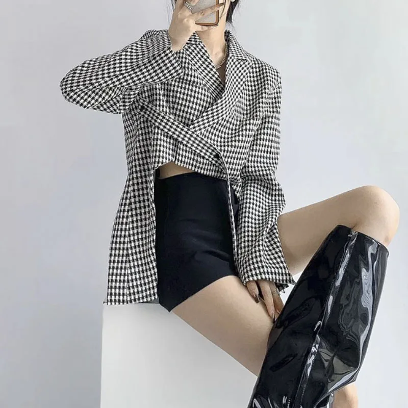 

Женский блейзер с отложным воротником, черная клетчатая Асимметричная лента, свободная куртка с длинным рукавом, весна-осень