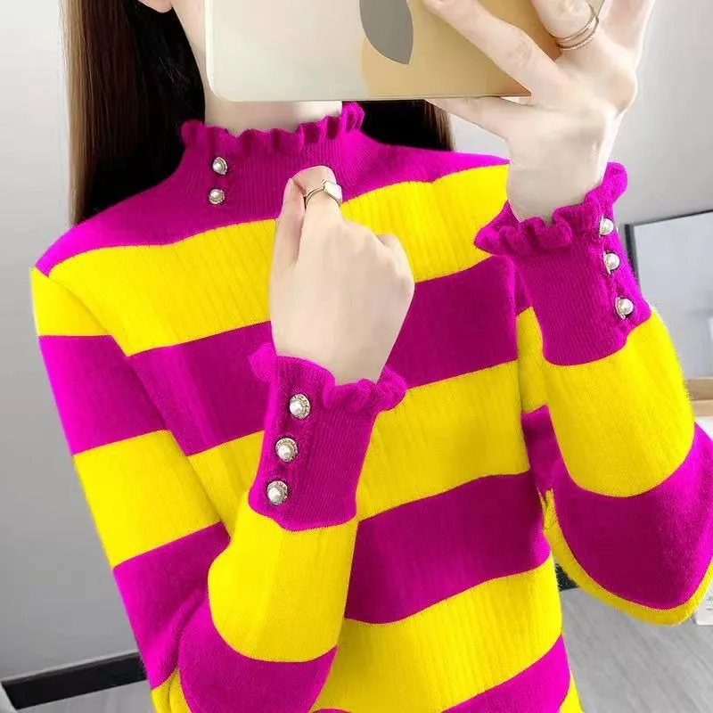 Полуводолазка с длинными рукавами женский осенний 2024 новый вязаный полосатый