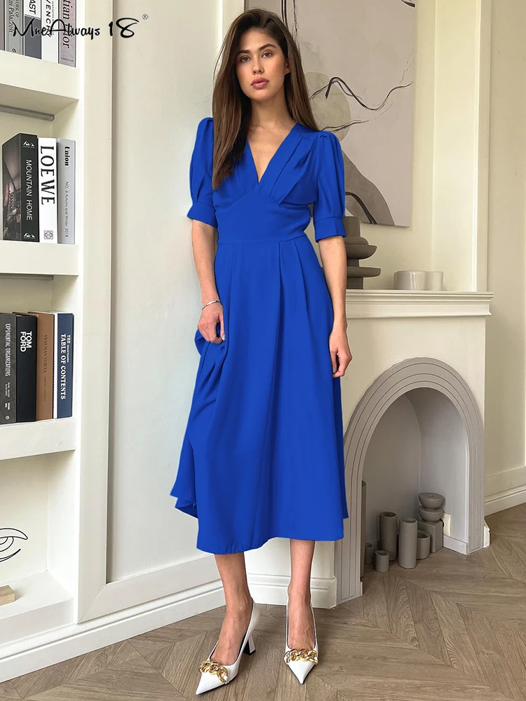 

Mnealways18 элегантное платье с пышными рукавами и рюшами, женское летнее платье миди с V-образным вырезом, офисное женское синее длинное платье, ...