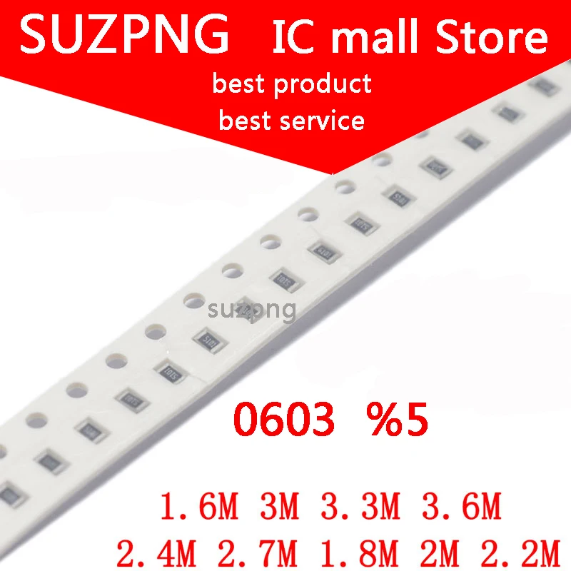 

100PCS 0603 SMD %5 Smd Resistor 1.6M 1.8M 2M 2.2M 2.4M 2.7M 3M 3.3M 3.6M