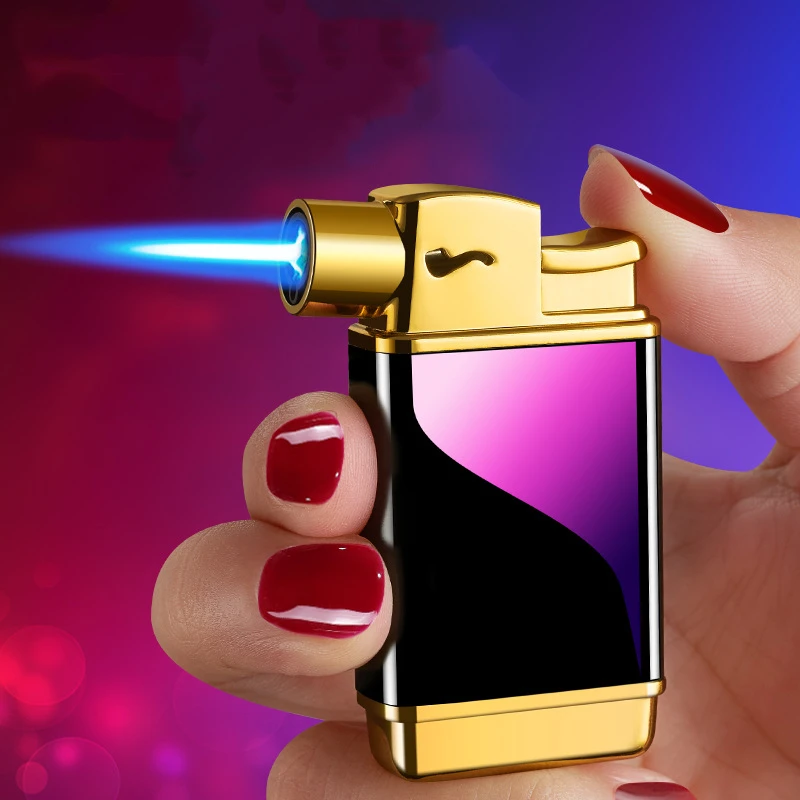 

Creative Side Fire One-button Press Lighter Metal Inflatable Windproof Jet Blue Flame Butane Gas Cigarette Cigar Lighters