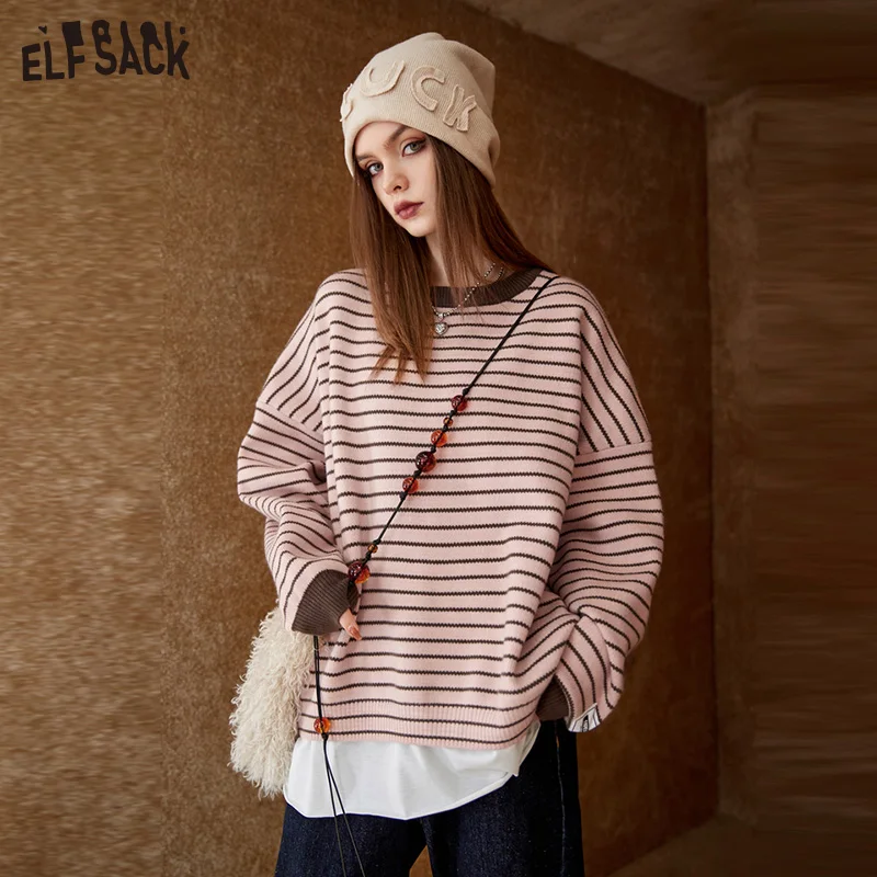 

ELFSACK Striped Pullover Sweaters Women 2022 Winter Loose Long Sleeve Knitwears
