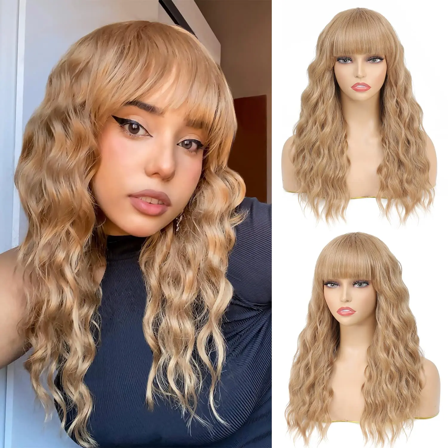 

Honey Blonde Synthetic Wavy Wig with Bangs Short Bob 20 Inch Strawberry Blonde Hair Wave Curly Cosplay Wig for Whtie Girls