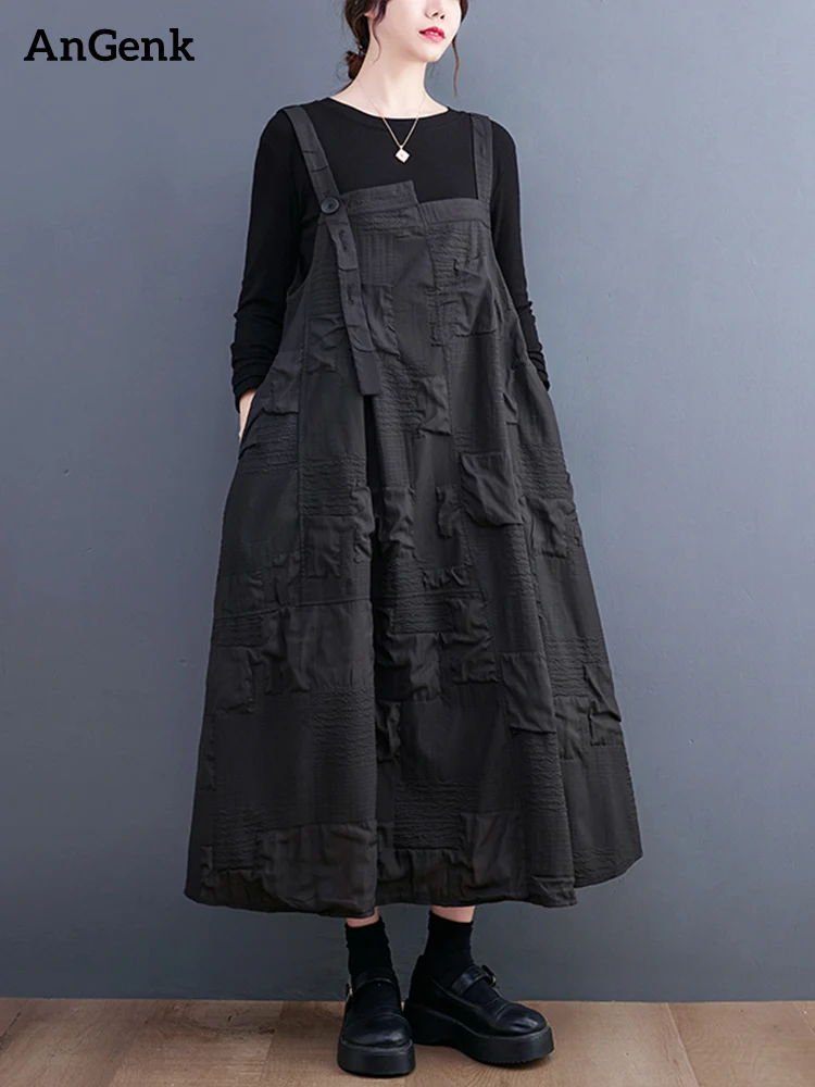 

Женское винтажное платье на бретельках, черное повседневное свободное платье без рукавов со складками, весна-осень 2022