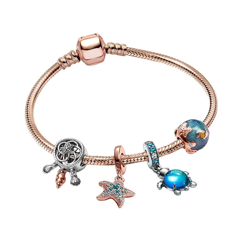 

New 100% S925 Rose Gold Sea Life Charm Snake Bracelet Set Fit for Pandora Original Link Making Fashion Jewelry for Women Gifts