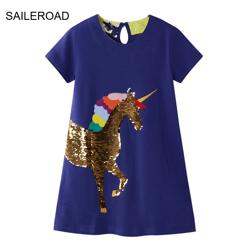 

SAILEROAD 2-7Y 2022 New Summer Girls Sequins Unicorn Dress Children Cotton Short Sleeve Dresses Kids for Girls Fashion Clothes