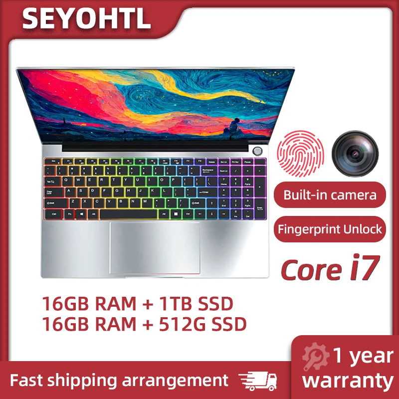 

SEYOHTL fingerprint unlock laptops business office laptop School notebook i7 16gb RAM 512GB 1TB SSD computer 15.6 inch