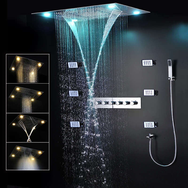 

2022 Luxury Large Thermostatic Shower Set 600x800mm Rainfall Mist Waterfall ShowerHead Panel Body Jets Bath LED Faucets System